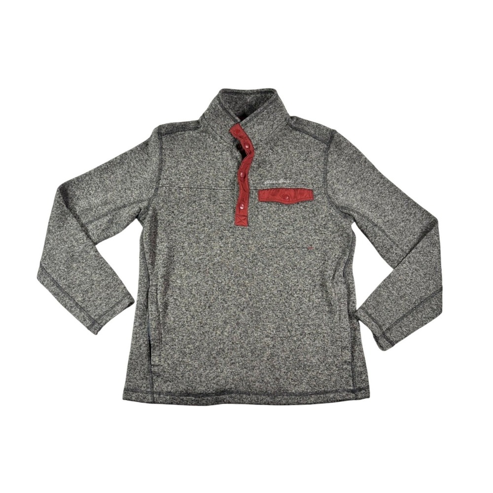 Eddie Bauer Mens Gray Marl Sweater Fleece Snap Pullover Red Trim Medium
